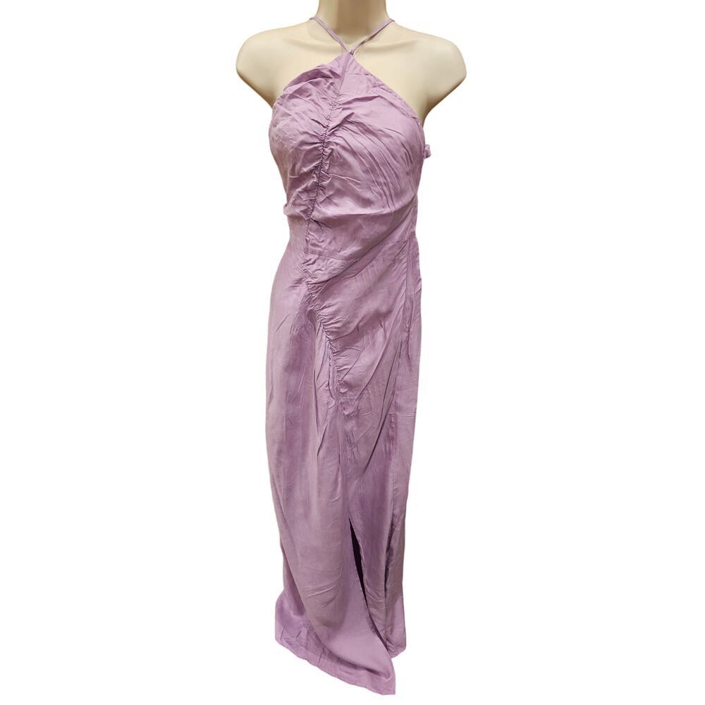 Ruched maxi slip dress lavander slit formal cut out open back Andy suboo L